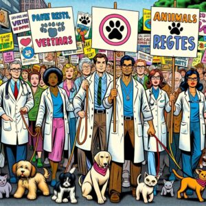 Veterinarios y mascotas protestando en una manifestación